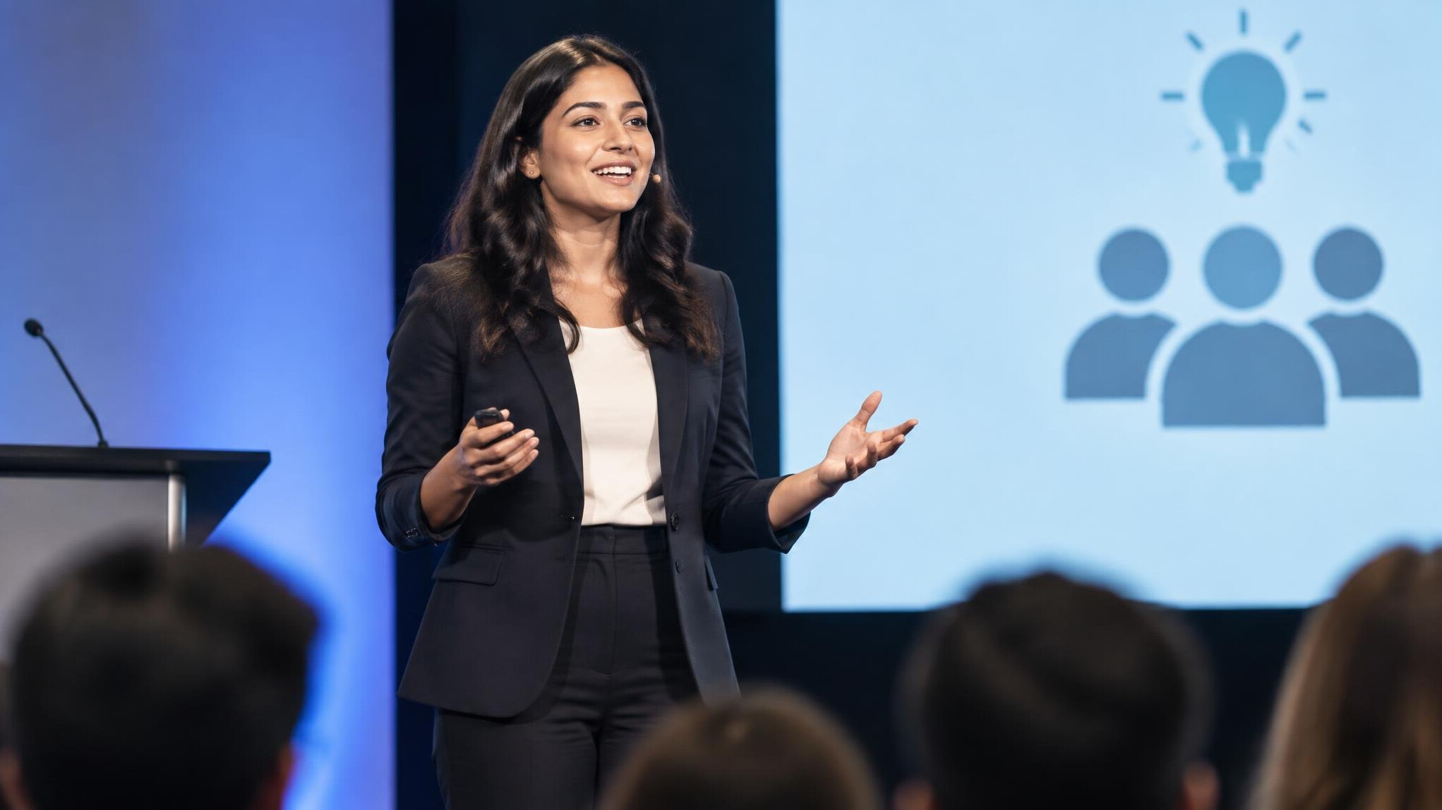 confident speaker on stage